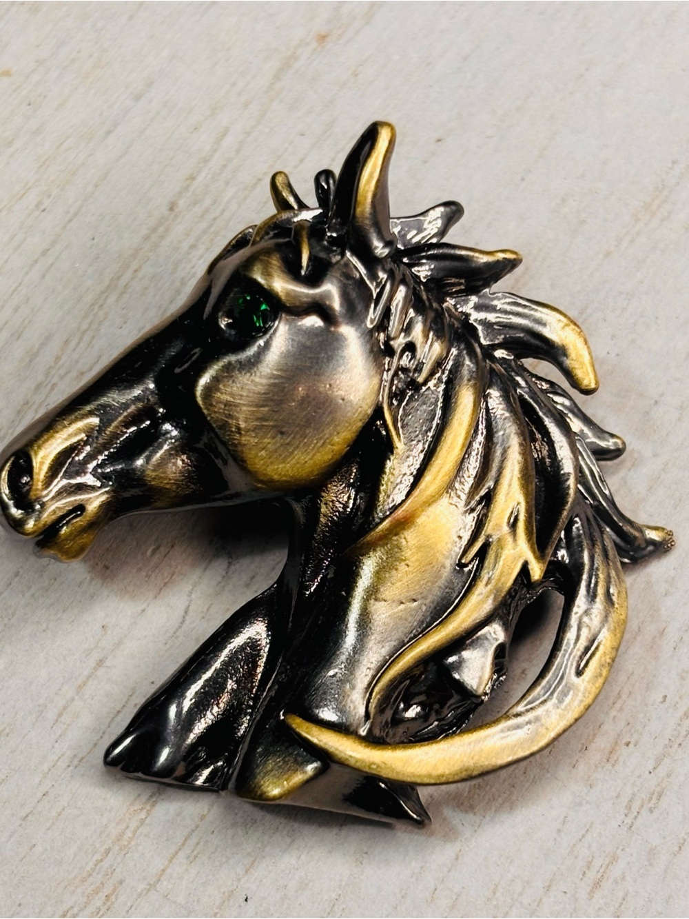 Black & Gold Horse Head Brooch Pin with Green Crystal Eye